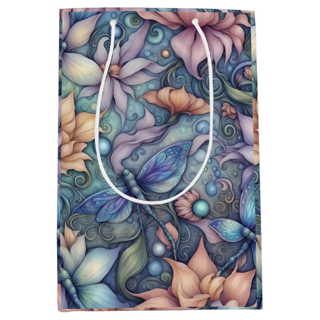 Sacola Para Presentes Média Flor Damask Azul Dourado (Frente)