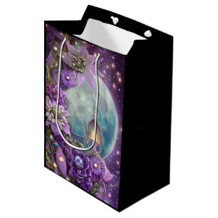 Sacola Para Presentes Média Flor de Lua Roxa de Fantasia Detalhada