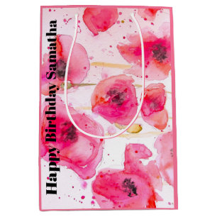 Sacola Para Presentes Média Flor de Papoula Rosa Vermelha Água-tinta Aniversár