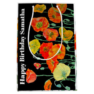 Sacola Para Presentes Média Flor de Papoula Vermelha Laranja Água Tinta Aniver