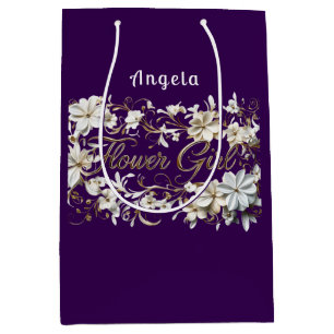 Sacola Para Presentes Média Flor Menina Branca Roxo Dourado