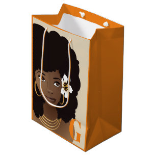 Sacola Para Presentes Média Flor Negra em Afro, Laranja e bege Inicial