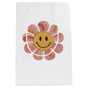 Sacola Para Presentes Média Flor Retro Groovy Cara Sorridente Pastel Floral 70
