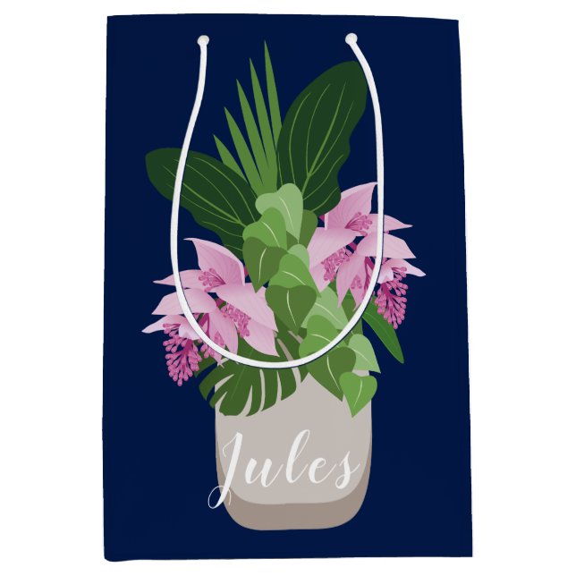 Sacola Para Presentes Média Flor Rosa-Rosa-Medinilla Tropical Vase de Azul-Esc (Frente)