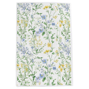 Sacola Para Presentes Média Flor Silvestre Aquarela Azul