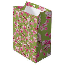 Sacola Para Presentes Média Florais sofisticados de cerejeira em Chartreuse