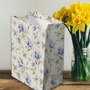 Sacola Para Presentes Média Floral Azul Bonito Elegante em Fundo de Creme