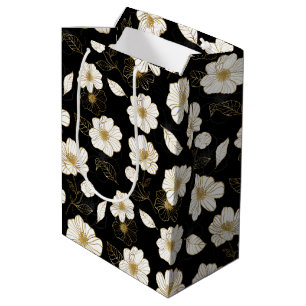 Sacola Para Presentes Média Floral Branco e Dourado em Preto