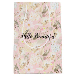 Sacola Para Presentes Média Floral Branco-Rosa-Blush