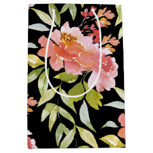 Sacola Para Presentes Média Floral de Aquarela a Preto