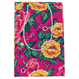 Sacola Para Presentes Média Floral de Chinoiserie cor-de-rosa-claro e amarelo