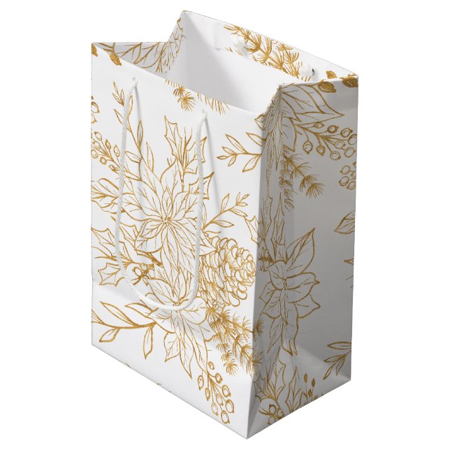 Sacola Para Presentes Média Floral de Natal da Linha Dourada Elegante (Frente inclinada)