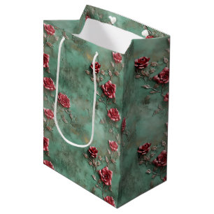 Sacola Para Presentes Média Floral de Rosas vermelhas Verdes