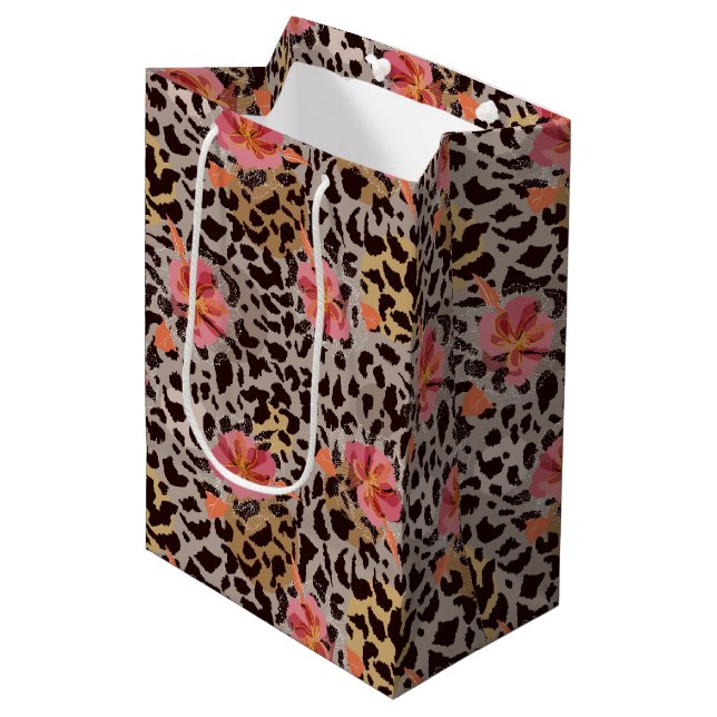 Sacola Para Presentes Média Floral Leopardo Elegante (Frente inclinada)