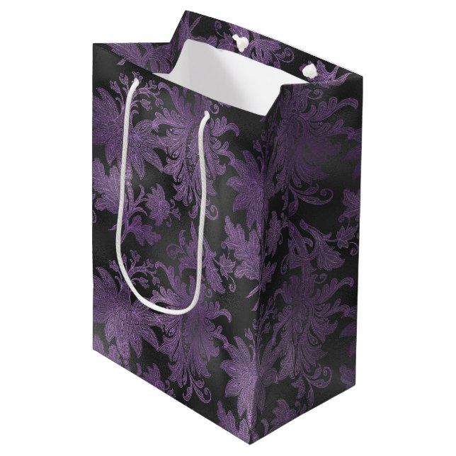 Sacola Para Presentes Média Floral Preto-Roxo Elegante (Frente inclinada)