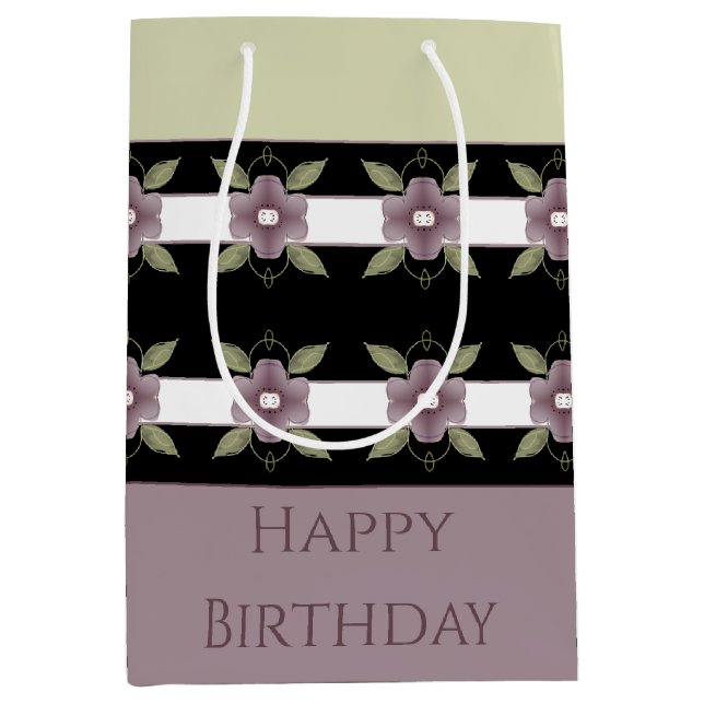 Sacola Para Presentes Média Floral roxo e verde claro (Frente)