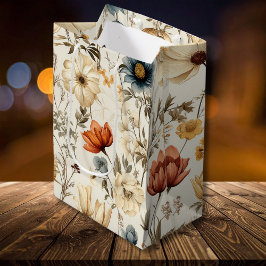 Sacola Para Presentes Média Floral Seca Vintage Azul Naval Terracota