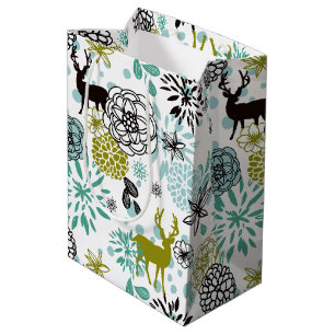 Sacola Para Presentes Média Floral Verde Azul-Teal E Padrão De Arte De Veado