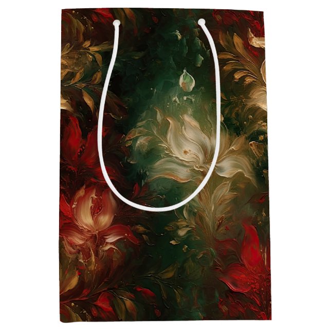 Sacola Para Presentes Média Floral Verde Branco Vermelho (Frente)