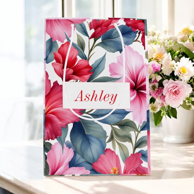Sacola Para Presentes Média Floral Vermelho Rosa Hibisco Aquarela Elegante (Criador carregado)