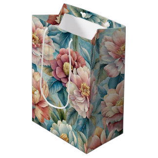 Sacola Para Presentes Média Floral Vintage em Tons de Pêssego e Azul Patel Ros