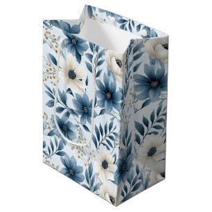 Sacola Para Presentes Média Flores Azuis e Beige