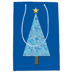 Sacola Para Presentes Média Flores azuis em uma árvore de Natal moderna
