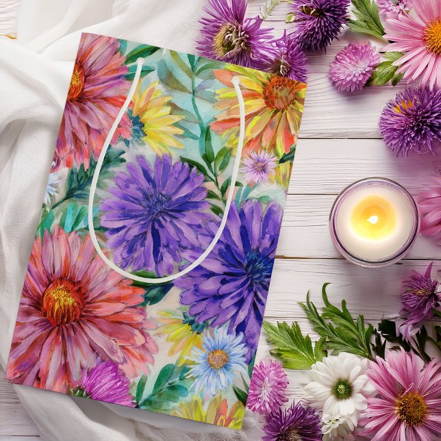 Sacola Para Presentes Média Flores Boho Aster Floral (Boho Aster Flowers Floral Gift Bag -- Bridal Shower, Birthdays, Weddings, Baby Showers and More)