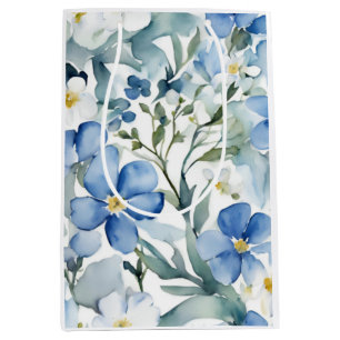 Sacola Para Presentes Média Flores brancas azuis Aquarela Chic