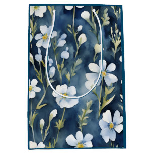 Sacola Para Presentes Média Flores brancas azuis Aquarela Chic