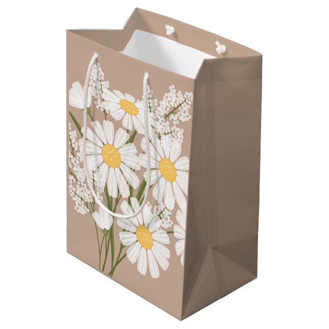 Sacola Para Presentes Média Flores Brancas em Beige (Verso inclinado)