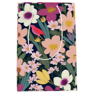 Sacola Para Presentes Média Flores coloridas, cor-de-rosa, encantadora Etiquet