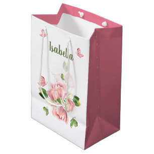 Sacola Para Presentes Média Flores cor-de-rosa românticas verde borboletas