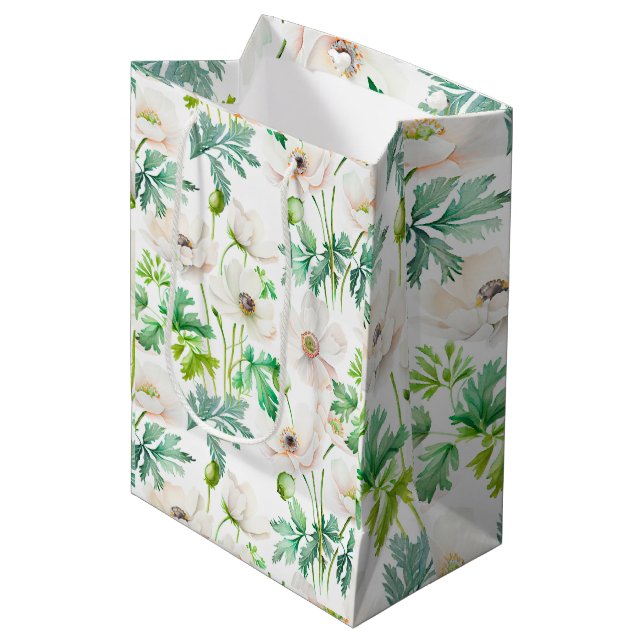 Sacola Para Presentes Média Flores de anêmona branca pintadas em creme (Frente inclinada)