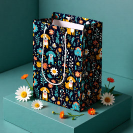 Sacola Para Presentes Média Flores de Cachorrinho Azul Fofo