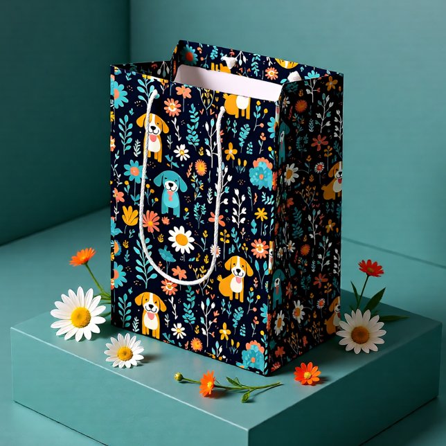 Sacola Para Presentes Média Flores de Cachorrinho Azul Fofo (Cute Puppy Floral Pattern Dog Lover Medium Gift Bag)