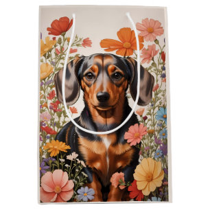 Sacola Para Presentes Média Flores De Dachshund Castanho E Cosmos