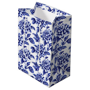 Sacola Para Presentes Média Flores de Dália Azul e Branca Toile de Jouy