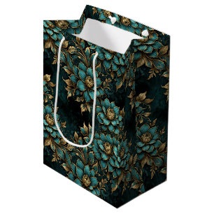 Sacola Para Presentes Média Flores de Grunge Dourado e Teal Escuro