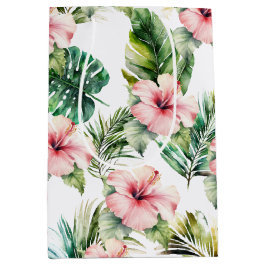 Sacola Para Presentes Média Flores de Hibisco Rosa Tropicais