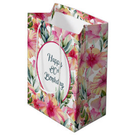 Sacola Para Presentes Média Flores de Hibiscus para o Aniversário de 80