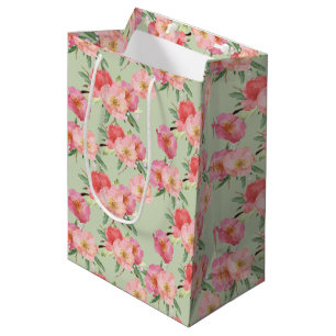 Sacola Para Presentes Média Flores de Jardim Rosa bonito Aquarela