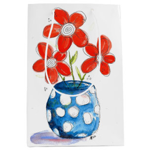 Sacola Para Presentes Média Flores de Laranja Whimsical em Vaso Azul