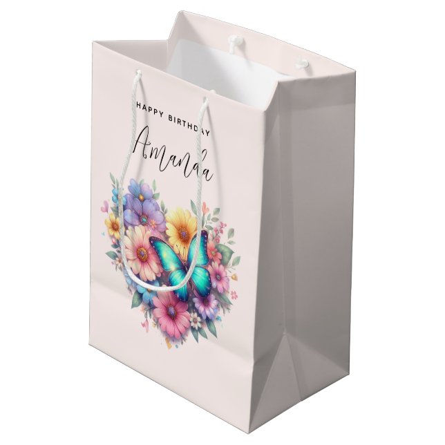 Sacola Para Presentes Média Flores de Margarida com Aniversário de Borboleta L (Verso inclinado)
