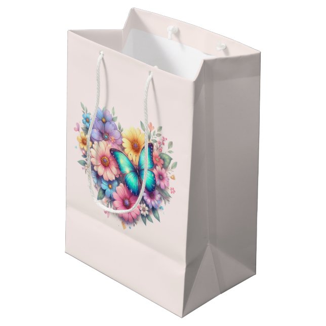 Sacola Para Presentes Média Flores de Margarida com uma Lindo Borboleta (Verso inclinado)