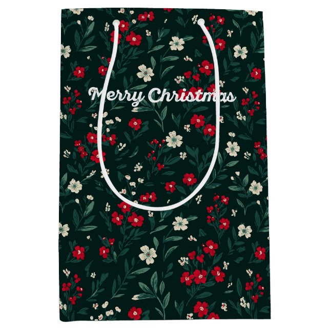 Sacola Para Presentes Média Flores de Natal verdes vermelhas e brancas (Frente)