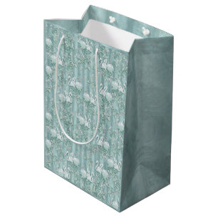 Sacola Para Presentes Média Flores de Seda Verde e Flamingos