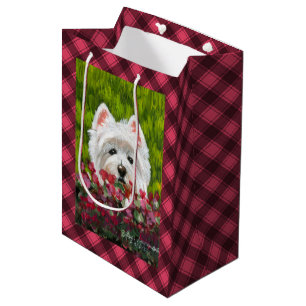 Sacola Para Presentes Média Flores de Westie e Rosa