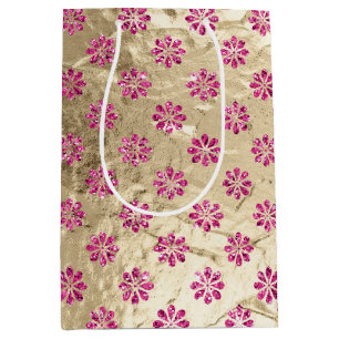 Sacola Para Presentes Média Flores Douradas Rosa-Rosa-Champanhe