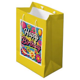 Sacola Para Presentes Média Flores e Balões Amarelos de Aniversário Feliz e Br